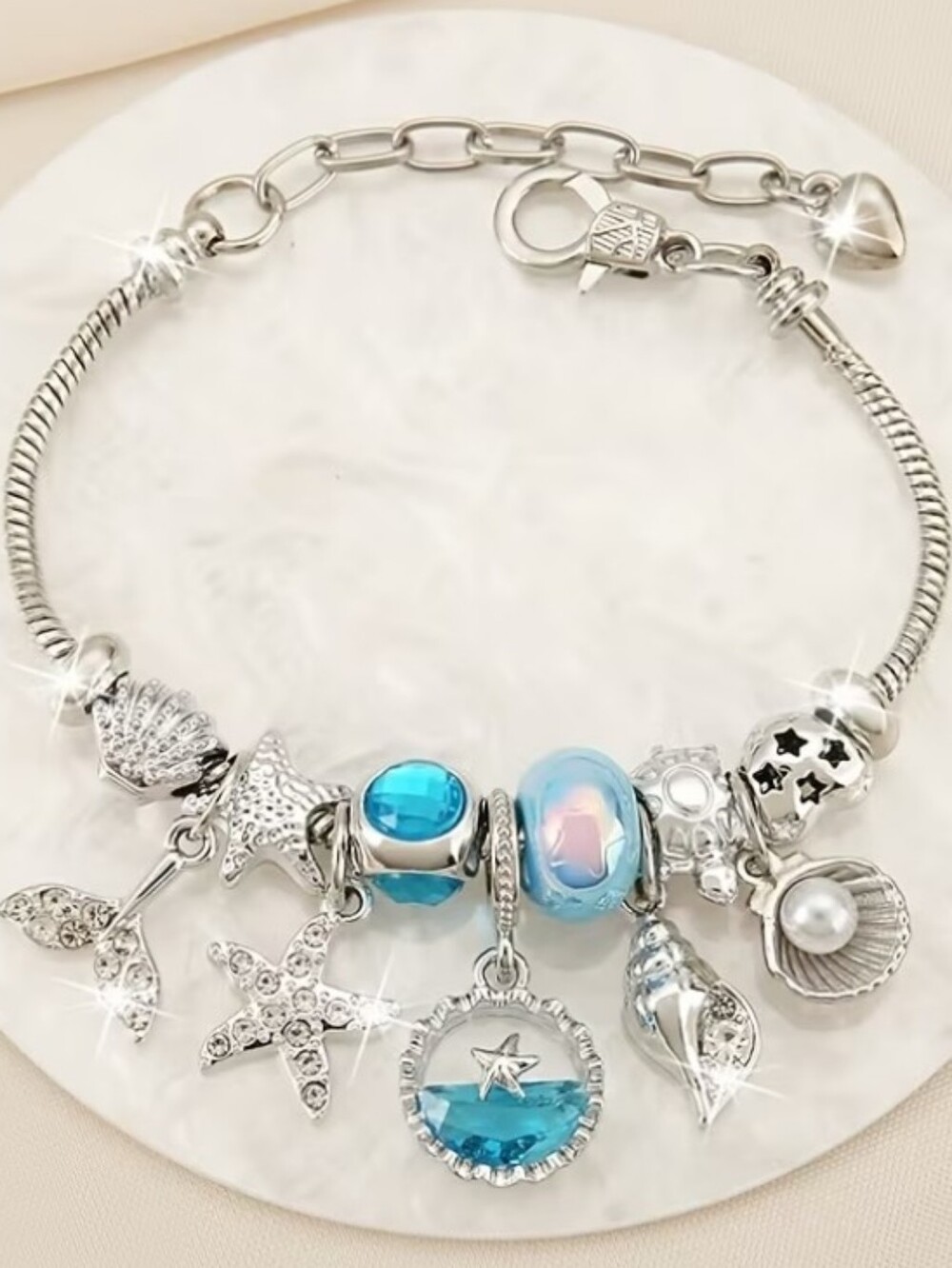 Silver Tone Sea Charm Bracelet with Blue Beads